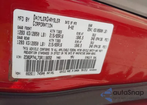 2003 Dodge Grand Caravan Ex z USA, uszkodzony, nr VIN 2D8GP74L73R119652